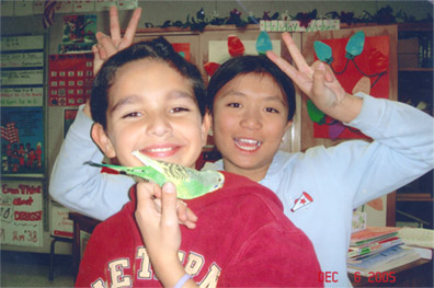 Johnny, bird and friend at school